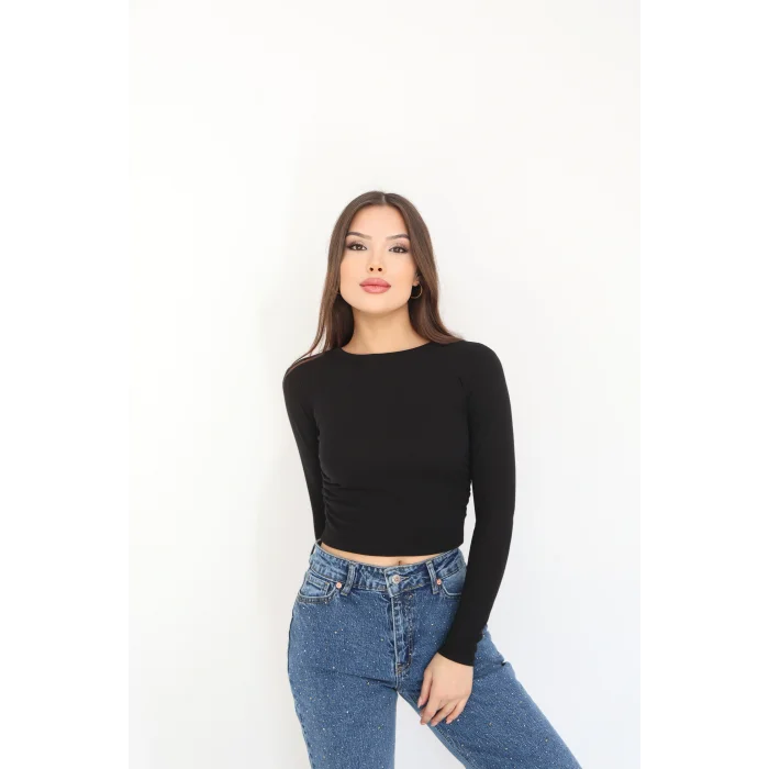 BİSİKLET YAKA UZUN KOLLU BLUZ - SİYAH