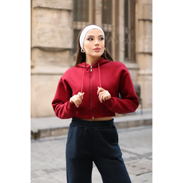 Fermuarlı Kısa Üç İplik Şardonlu Sweatshirt