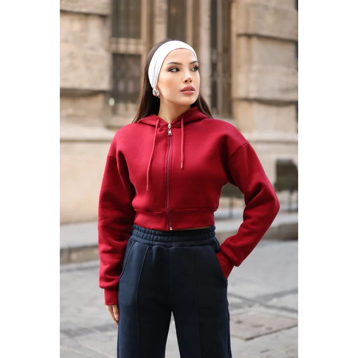 Fermuarlı Kısa Üç İplik Şardonlu Sweatshirt