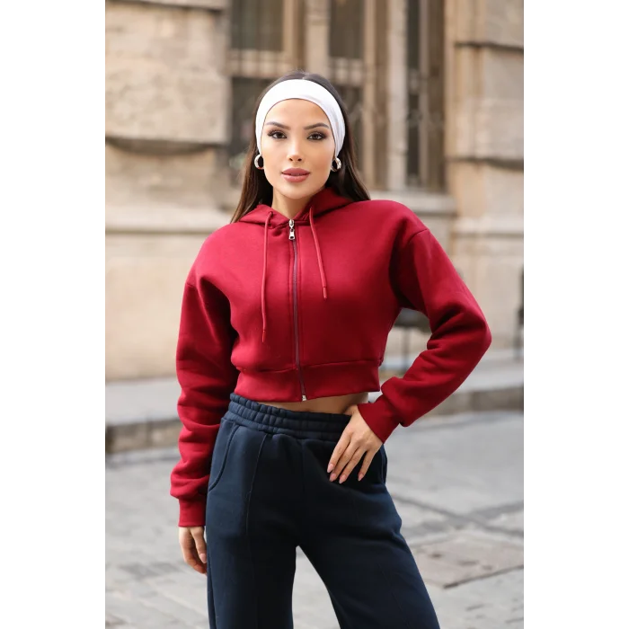 Fermuarlı Kısa Üç İplik Şardonlu Sweatshirt