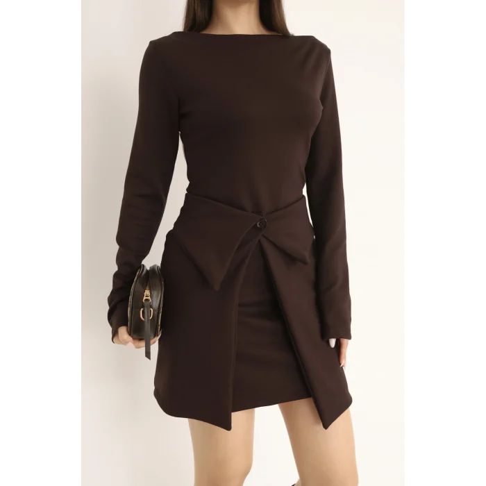 Kadın Mini Bodycon Elbise – Çıkarılabilir Etek Detaylı, Modern & Şık Tasarım-KAHVERENGİ