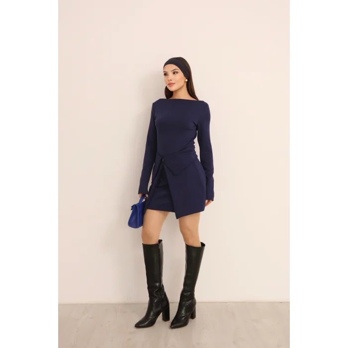 Kadın Mini Bodycon Elbise – Çıkarılabilir Etek Detaylı, Modern & Şık Tasarım-LACİVERT