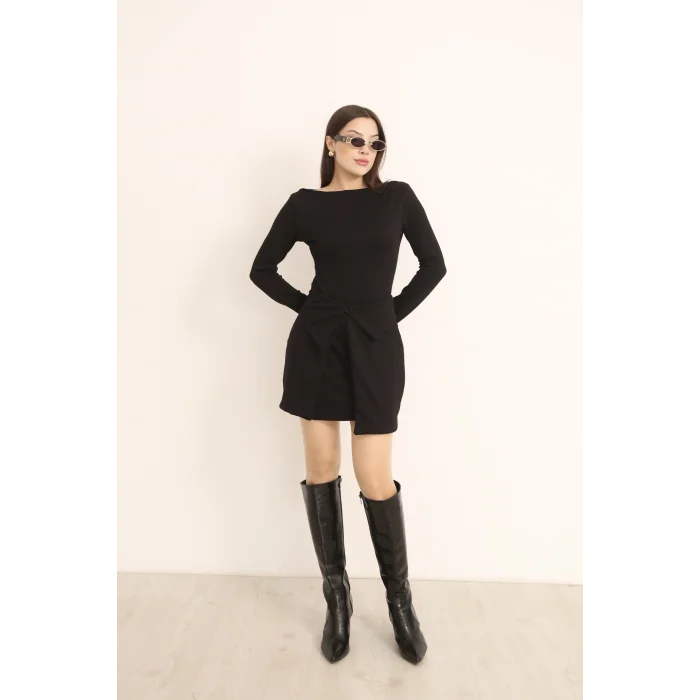 Kadın Mini Bodycon Elbise – Çıkarılabilir Etek Detaylı, Modern & Şık Tasarım-SİYAH