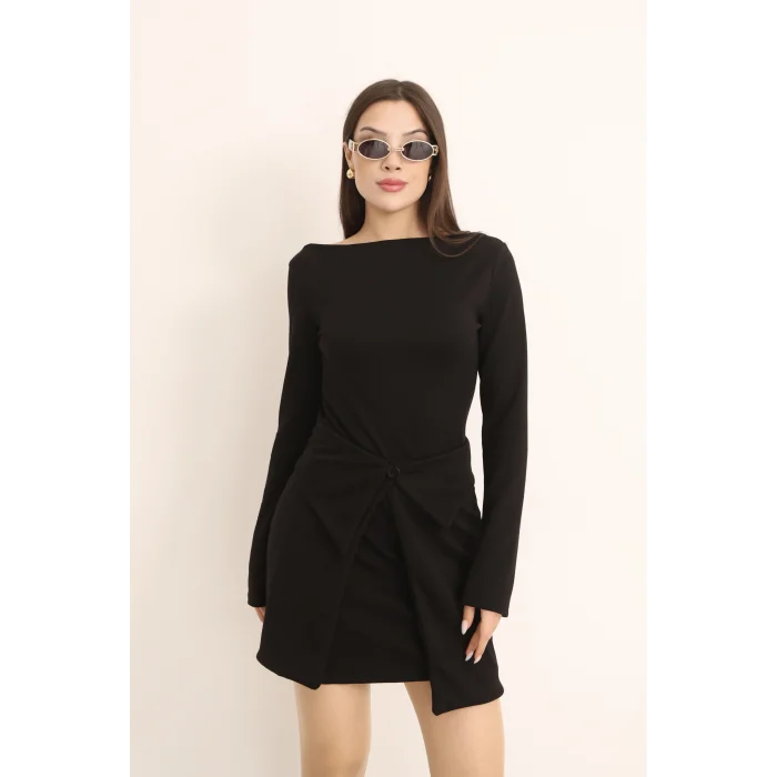 Kadın Mini Bodycon Elbise – Çıkarılabilir Etek Detaylı, Modern & Şık Tasarım-SİYAH