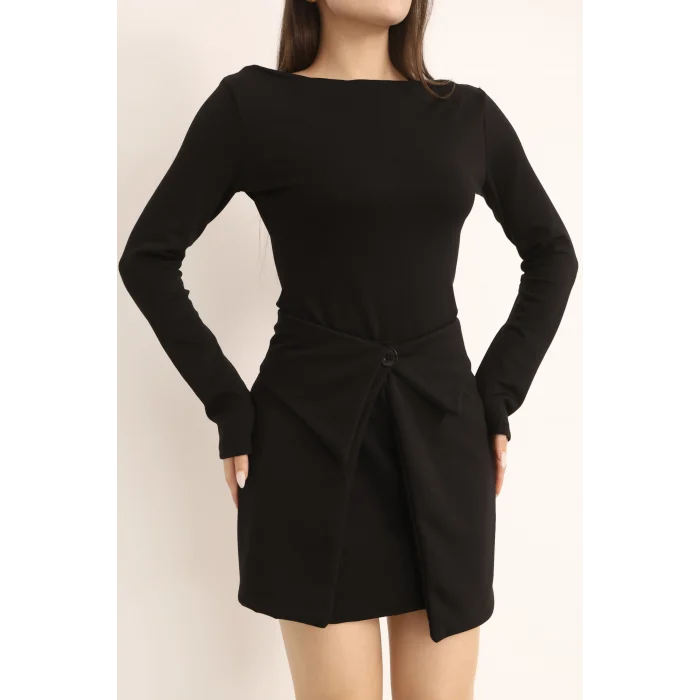 Kadın Mini Bodycon Elbise – Çıkarılabilir Etek Detaylı, Modern & Şık Tasarım-SİYAH
