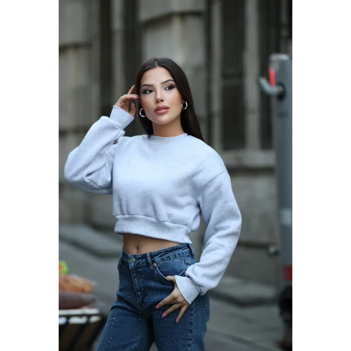 Kadın Üç İplik Şardonlu Oversize Crop Sweatshirt