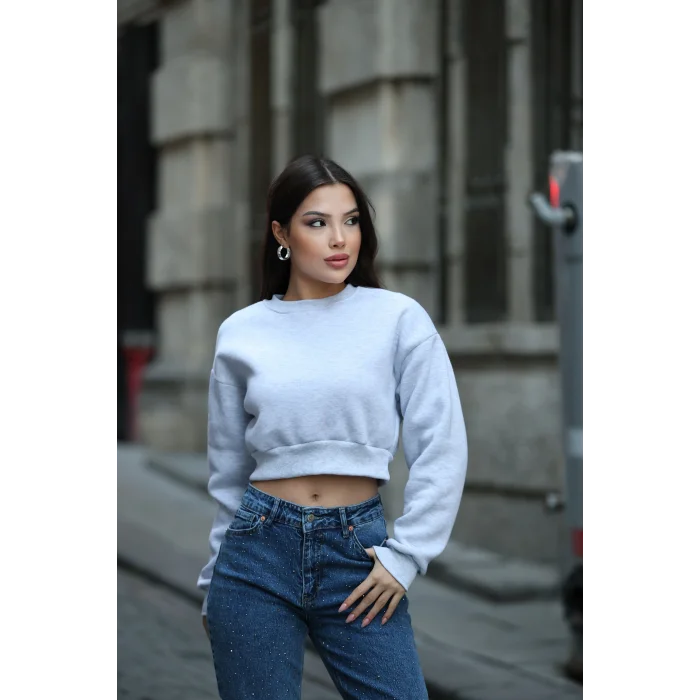 Kadın Üç İplik Şardonlu Oversize Crop Sweatshirt