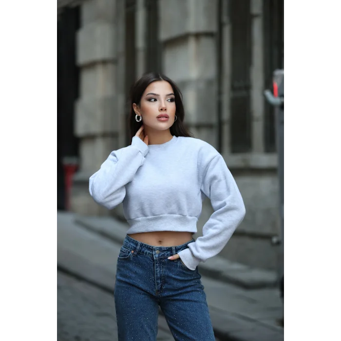 Kadın Üç İplik Şardonlu Oversize Crop Sweatshirt
