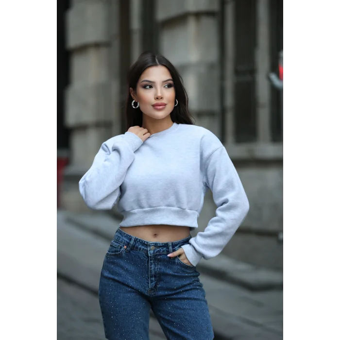 Kadın Üç İplik Şardonlu Oversize Crop Sweatshirt