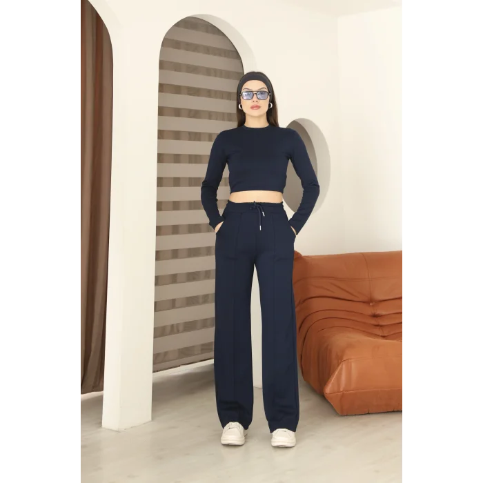 Kadın Üst Crop Altı Çımalı Detaylı Eşofman Takımı