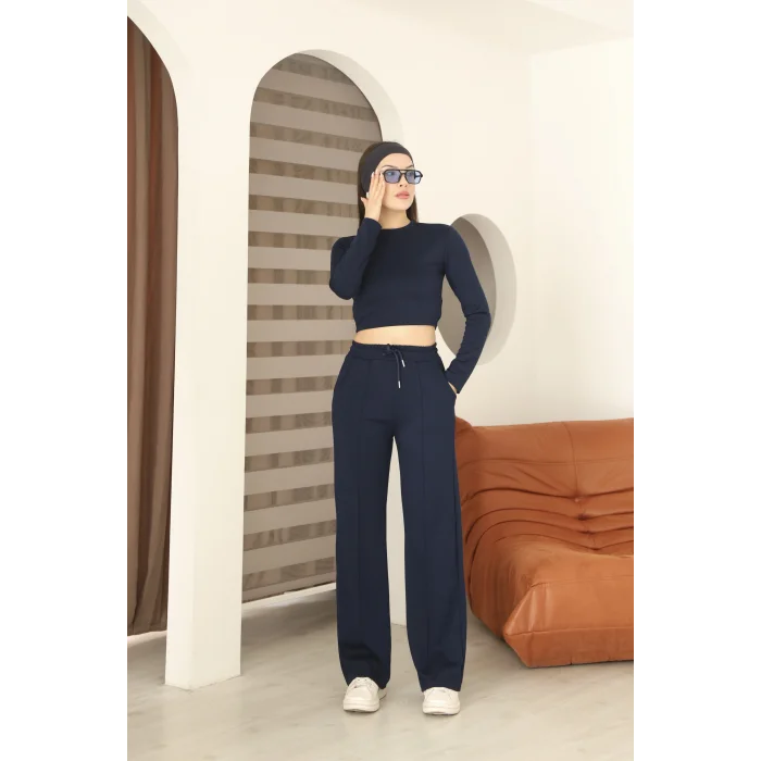 Kadın Üst Crop Altı Çımalı Detaylı Eşofman Takımı