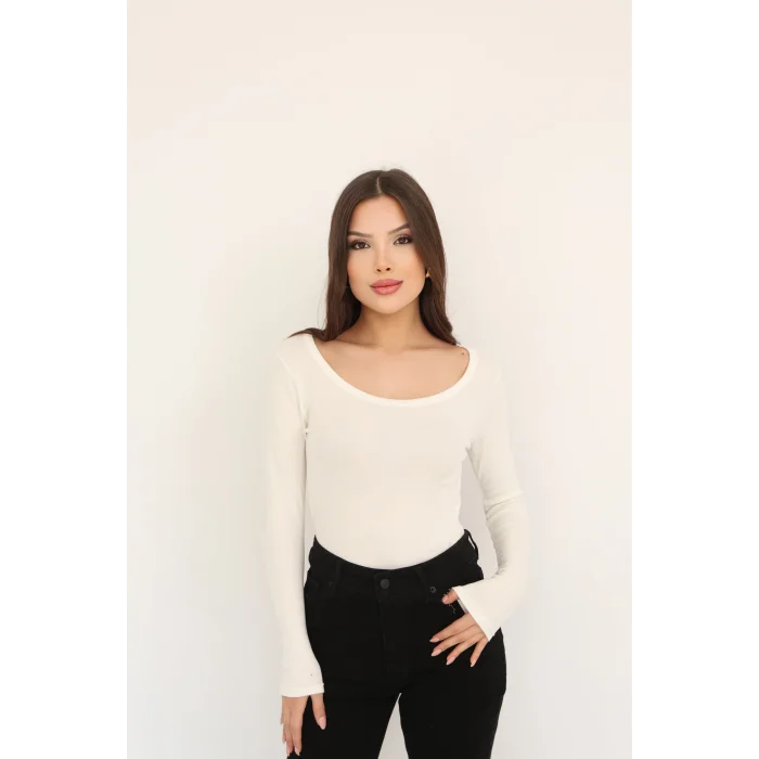KARE YAKA UZUN KOLLU BLUZ - BEYAZ