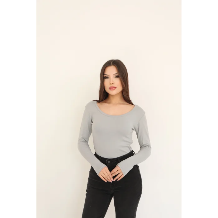 KARE YAKA UZUN KOLLU BLUZ - GRİ