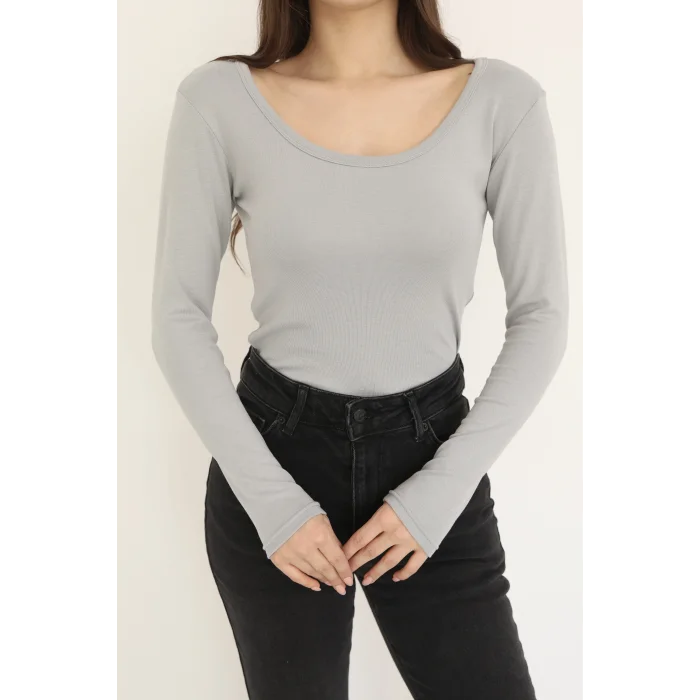 KARE YAKA UZUN KOLLU BLUZ - GRİ