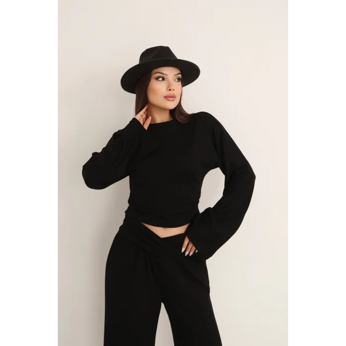 KRUVAZE BEL DETAYLI PALAZZO PANTLON CROP TAKIM- SİYAH