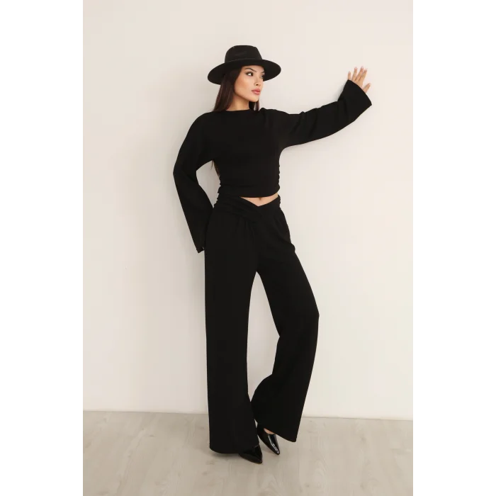 KRUVAZE BEL DETAYLI PALAZZO PANTLON CROP TAKIM- SİYAH