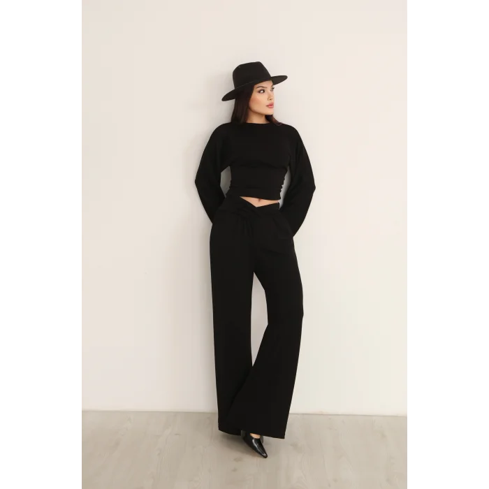 KRUVAZE BEL DETAYLI PALAZZO PANTLON CROP TAKIM- SİYAH