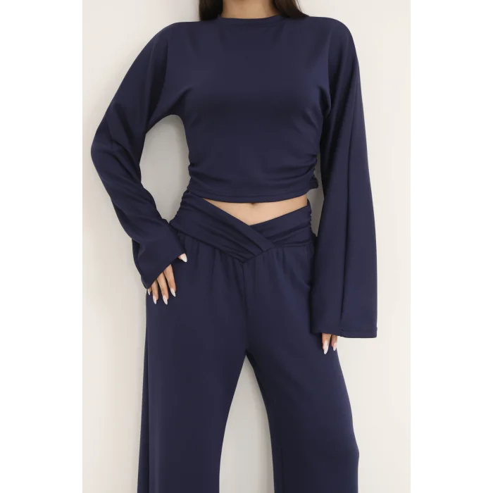 KRUVAZE BEL DETAYLI PALAZZO PANTLON CROP TAKIM