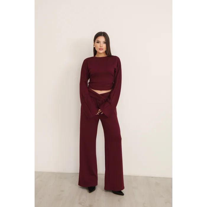 KRUVAZE BEL DETAYLI PALAZZO PANTLON CROP TAKIM- BORDO