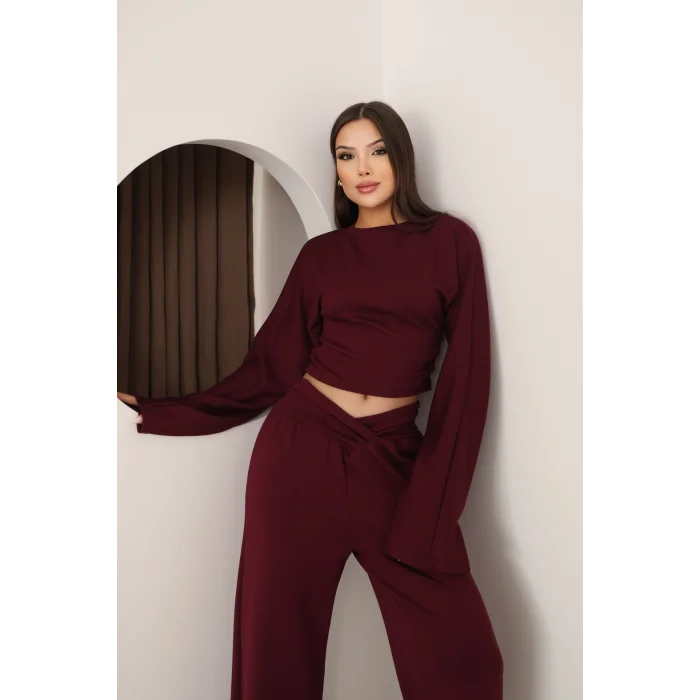 KRUVAZE BEL DETAYLI PALAZZO PANTLON CROP TAKIM- BORDO