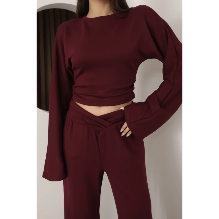 KRUVAZE BEL DETAYLI PALAZZO PANTLON CROP TAKIM- BORDO