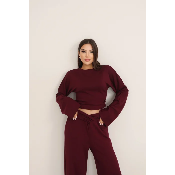 KRUVAZE BEL DETAYLI PALAZZO PANTLON CROP TAKIM- BORDO