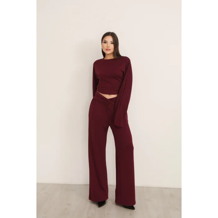 KRUVAZE BEL DETAYLI PALAZZO PANTLON CROP TAKIM- BORDO
