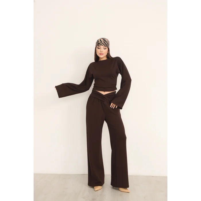 KRUVAZE BEL DETAYLI PALAZZO PANTLON CROP TAKIM- KAHVE RENGİ