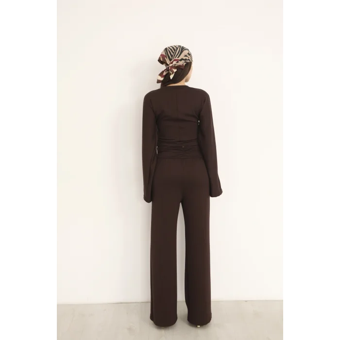 KRUVAZE BEL DETAYLI PALAZZO PANTLON CROP TAKIM- KAHVE RENGİ