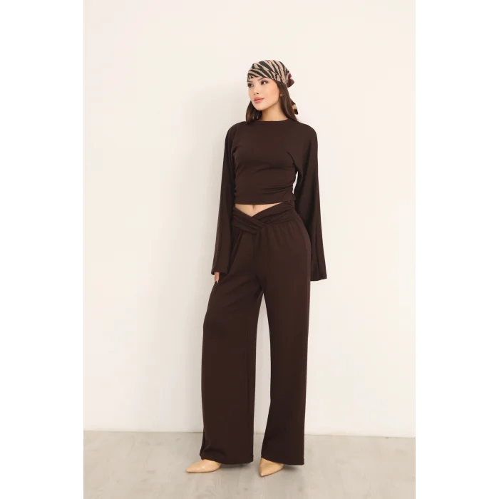 KRUVAZE BEL DETAYLI PALAZZO PANTLON CROP TAKIM- KAHVE RENGİ
