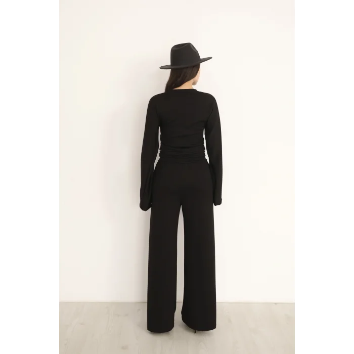 KRUVAZE BEL DETAYLI PALAZZO PANTLON CROP TAKIM- SİYAH