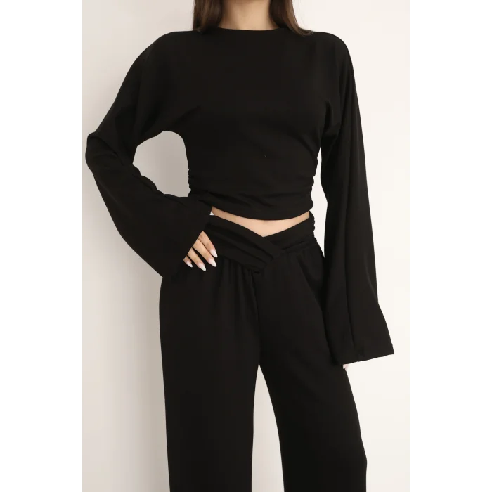 KRUVAZE BEL DETAYLI PALAZZO PANTLON CROP TAKIM- SİYAH