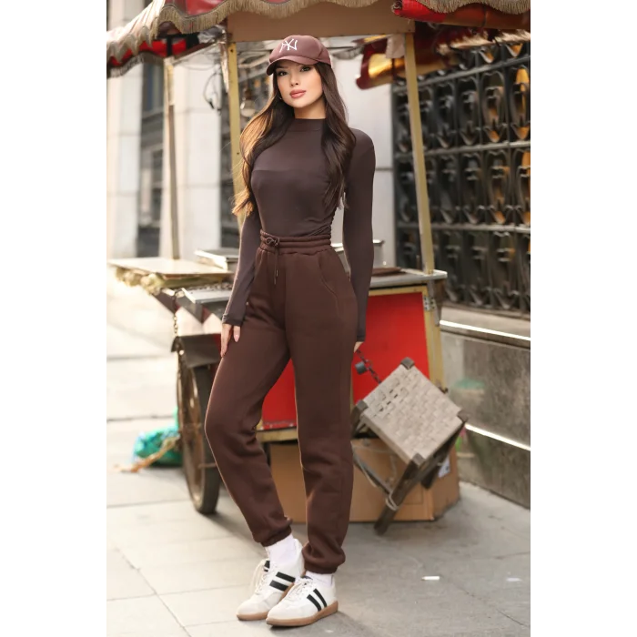 Üç iplik şardonlu paçası lastikli eşofman altı- Kahve