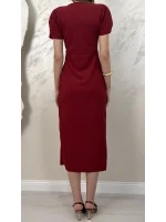 KRUVAZE YAKA ÇİFT TOKALI ELBİSE- BORDO