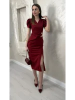 KRUVAZE YAKA ÇİFT TOKALI ELBİSE- BORDO