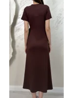 BELİ BAĞLAMALI MODAL KUMAŞ ELBİSE- KAHVERENGİ