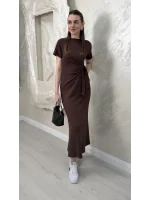 BELİ BAĞLAMALI MODAL KUMAŞ ELBİSE- KAHVERENGİ