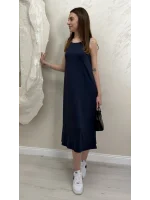 UZUN ASKILI MODAL KUMAŞ ELBİSE- LACİVERT