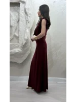DEGAJE YAKA SANDY ELBİSE- BORDO
