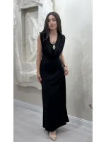 DEGAJE YAKA SANDY ELBİSE- SİYAH