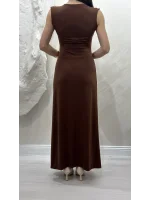 DEGAJE YAKA SANDY ELBİSE- KAHVE