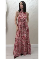 ÇİÇEKLİ BELDEN BAĞLAMALI UZUN ELBİSE