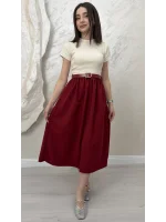 KEMERLİ PİLELİ MİDİ ETEK ELBİSE- BORDO