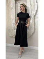 KEMERLİ PİLELİ MİDİ ETEK ELBİSE- SİYAH