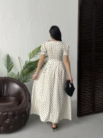 PUANTİYELİ BELİ BAĞLAMALI MAXİ ELBİSE-BEYAZ