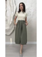 KEMERLİ PİLELİ MİDİ ETEK ELBİSE- YEŞİL BEJ
