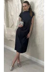 PİLE DETAYLI MUADİL MİDİ ELBİSE- LACİVERT