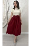 KEMERLİ PİLELİ MİDİ ETEK ELBİSE- BORDO