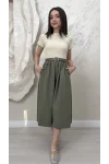 KEMERLİ PİLELİ MİDİ ETEK ELBİSE- YEŞİL BEJ
