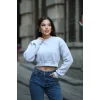 Kadın Üç İplik Şardonlu Oversize Crop Sweatshirt